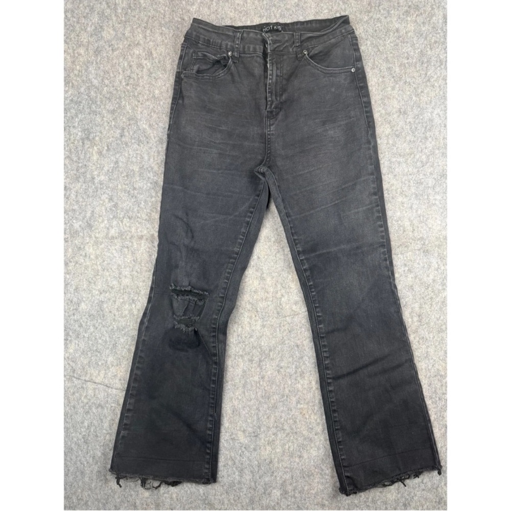 Hot Kiss Cropped Flare Jeans Women's Size 9 Black High-Rise Distressed 5-Pockets